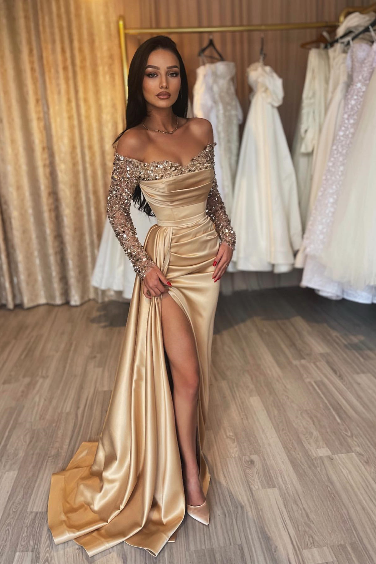 Luluslly Off-the-Shoulder Champagne Prom Dress Split Sequins Long