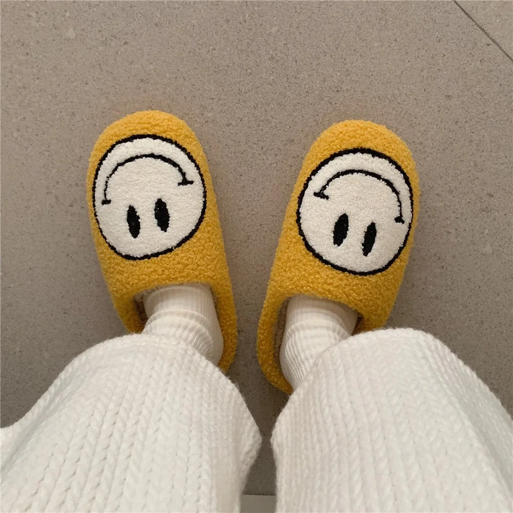 Smiley Face Women Winter Home Fur Slippers Indoor Footwear Cozy Cute Cartoon Pattern Slip on Plush Slides House Ladies Shoes