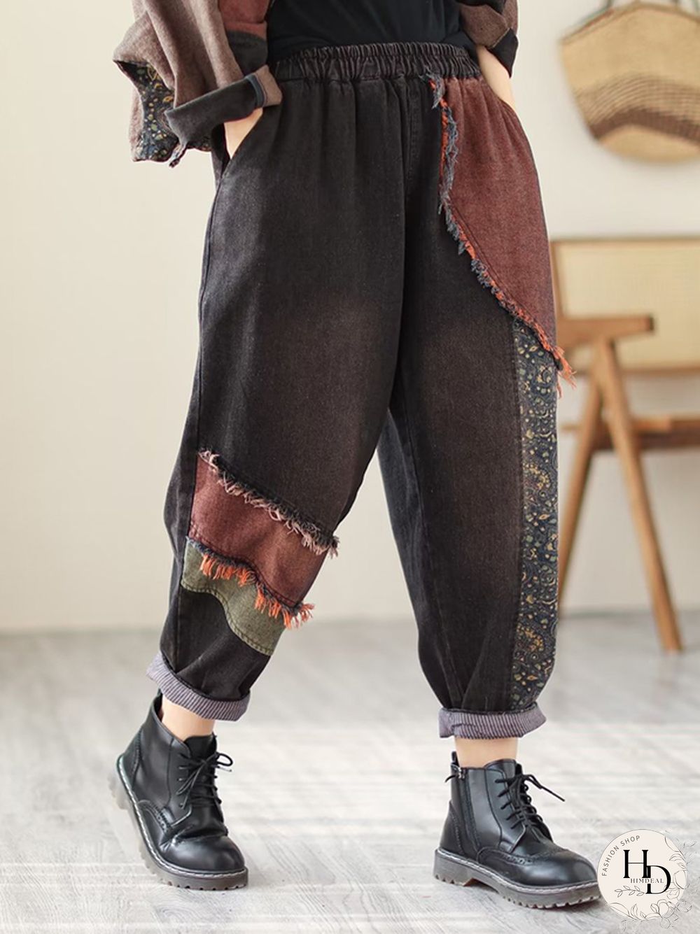 Contrast Color Fringed Split-Joint Long Sleeves Printed Outwear Harem Pants Two Pieces Set