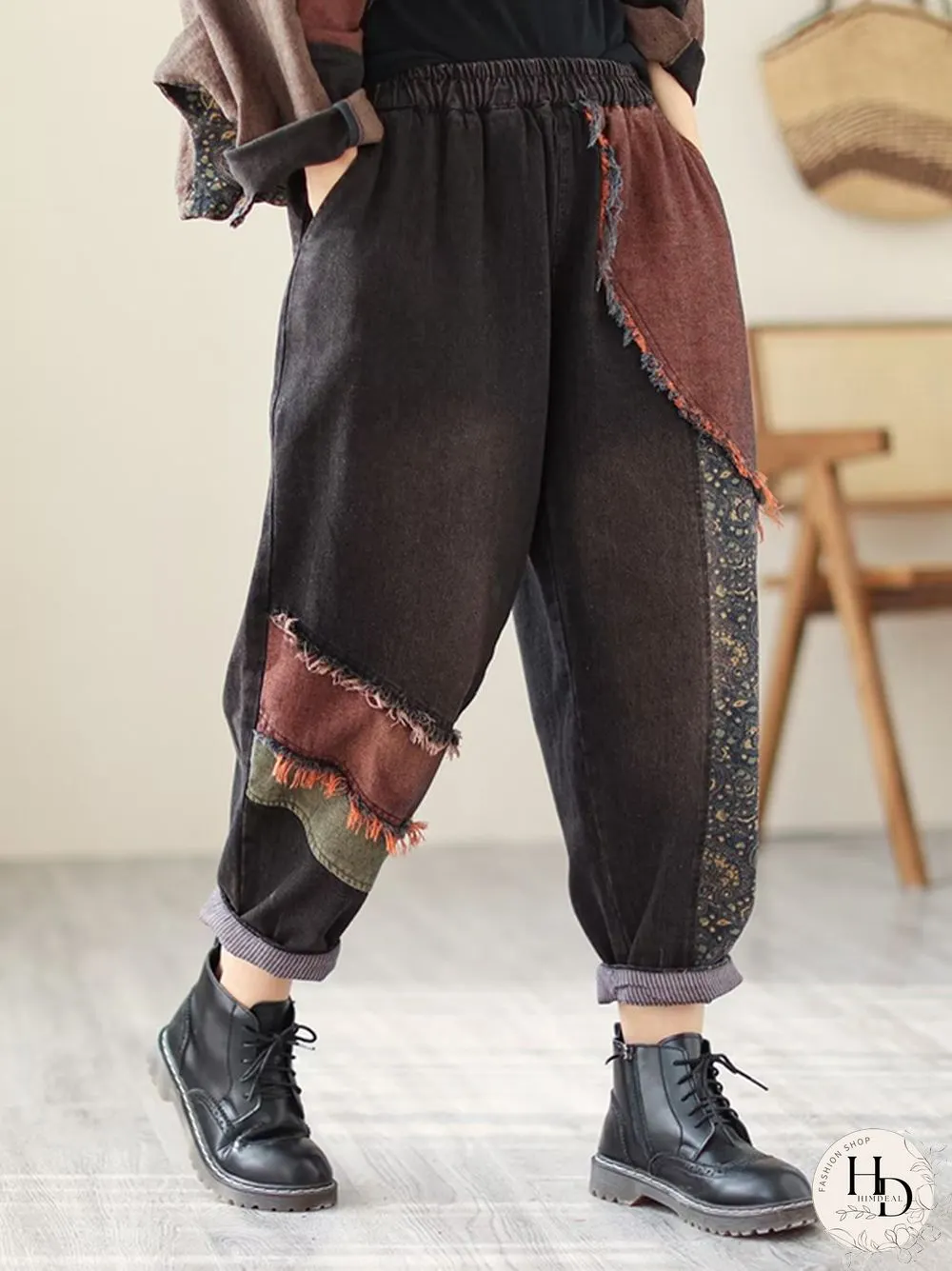 Contrast Color Fringed Split-Joint Long Sleeves Printed Outwear Harem Pants Two Pieces Set