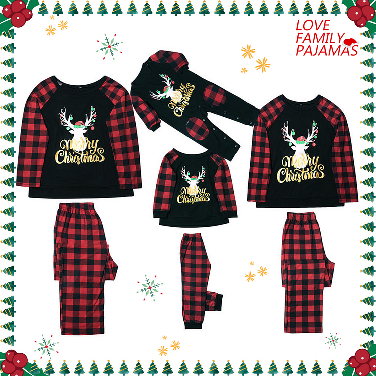 Merry Christmas Letter Antler Print Plaid Splice Matching Pajamas Sets for Family