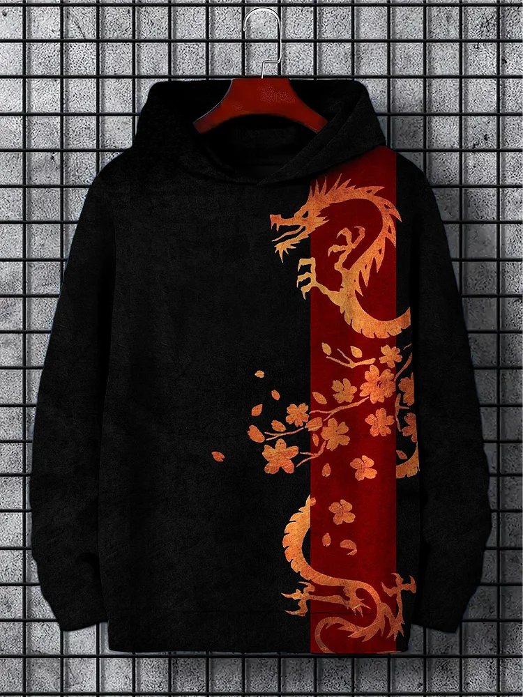 Men's Vintage Dragon Sakura Art Print Colorblock Hoodie