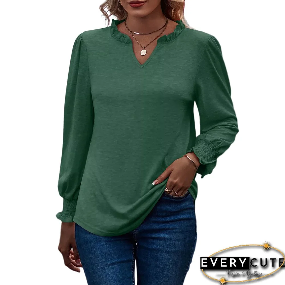 Green Solid V Neck Puff Sleeve Tops