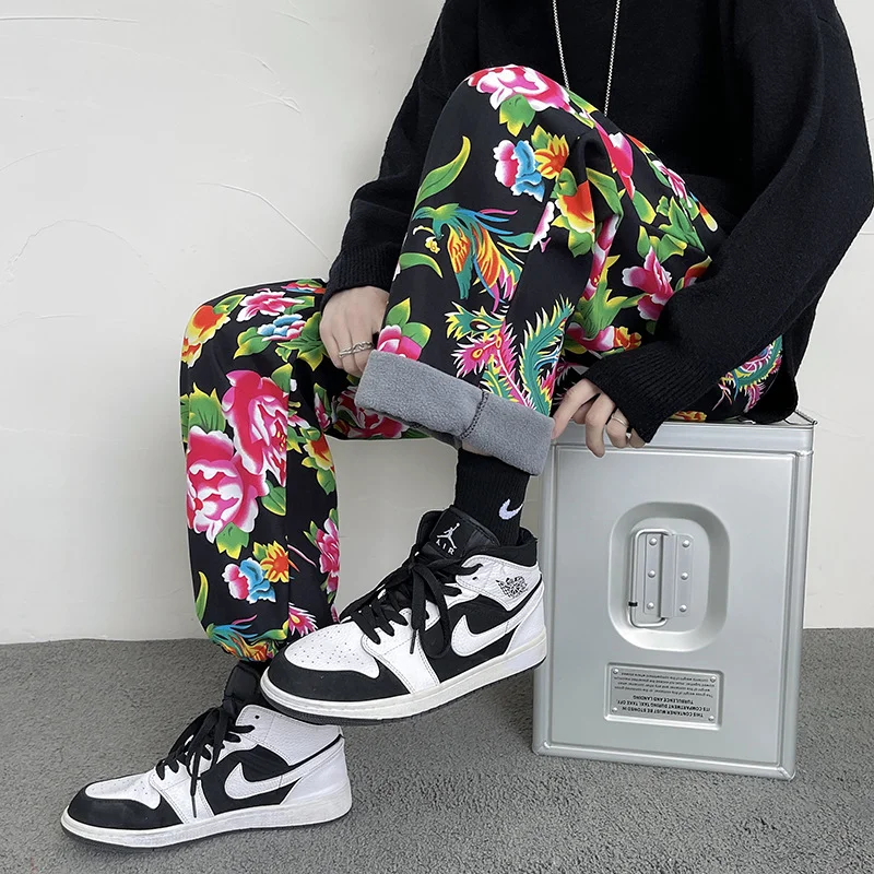 Woherb Northeast Big Flower Leisure And Velvet Foot Casual Pants Large Size Chinese Wind Peony National Characteristics And Velvet Big Flower Pants-Outfit Ideas