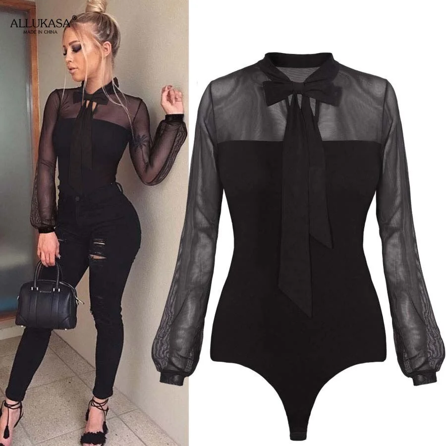 Mesh Bodysuits Long Sleeve Elegant O Neck Solid Lace Up Slim Skinny Ladies Sexy Club Party Fashion Leotard Rompers womens tops