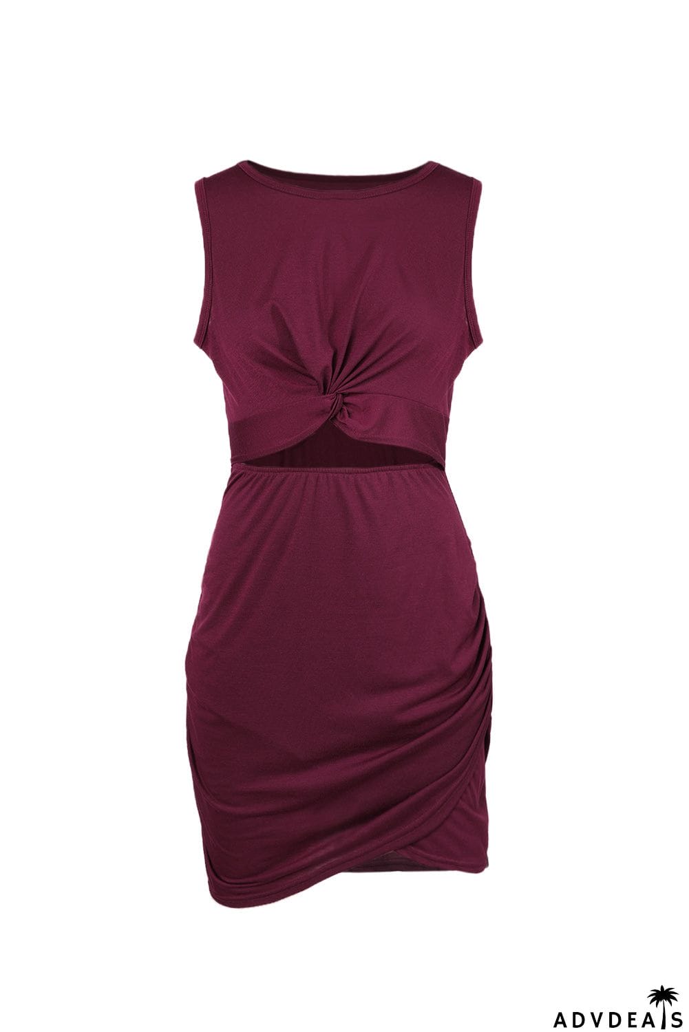 Burgundy Crew Neck Sleeveless Twist Hollow-out Bodycon Mini Dress