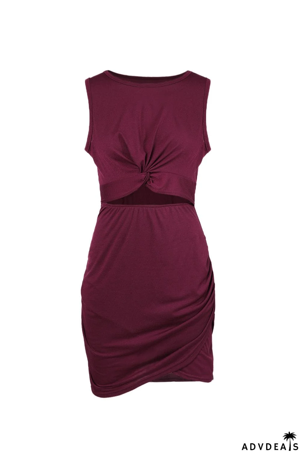 Burgundy Crew Neck Sleeveless Twist Hollow-out Bodycon Mini Dress