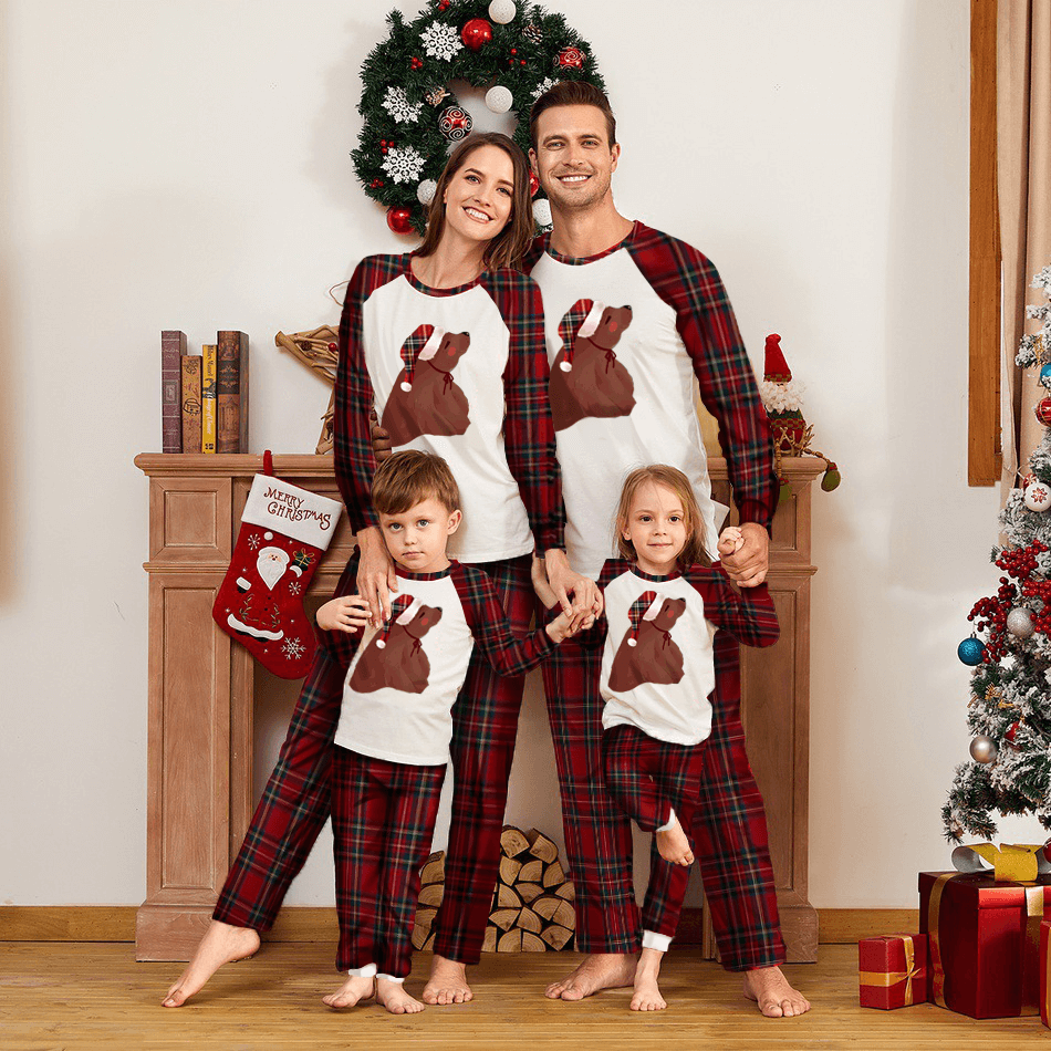 Family Matching Lovely Bear Wearing Christmas Hat Pajamas Sets