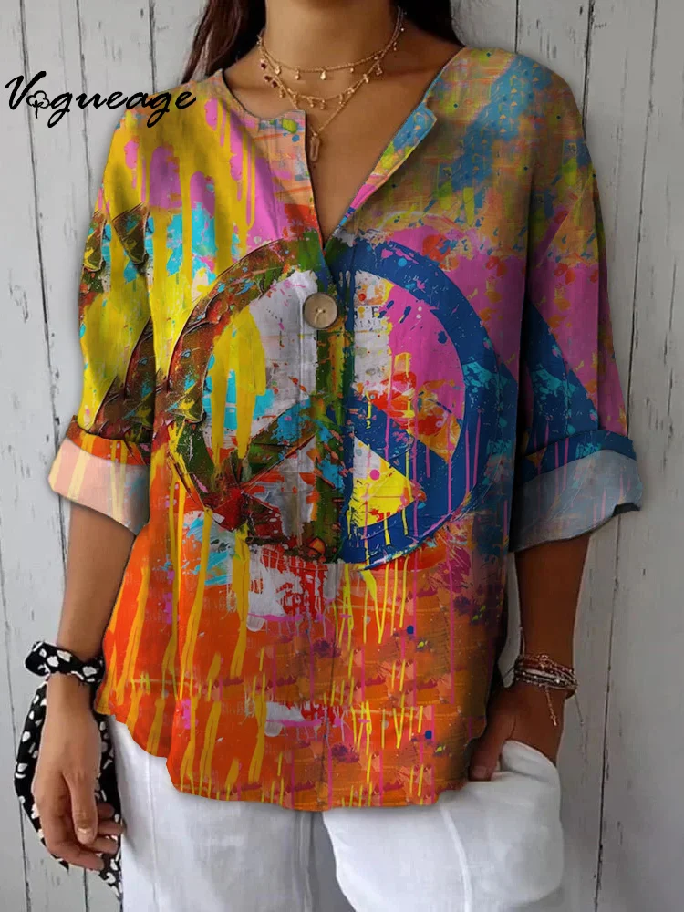 Fashion Art Painted Pattern Printed Cotton And Linen Shirt