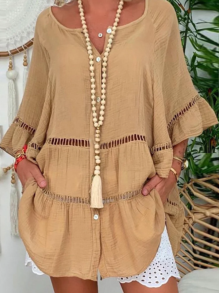 Mid Sleeve Cotton And Linen V-Neck Shirt Dresses