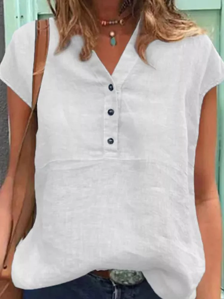 VChics V-Neck 1/2 Button Short-Sleeve Blouse