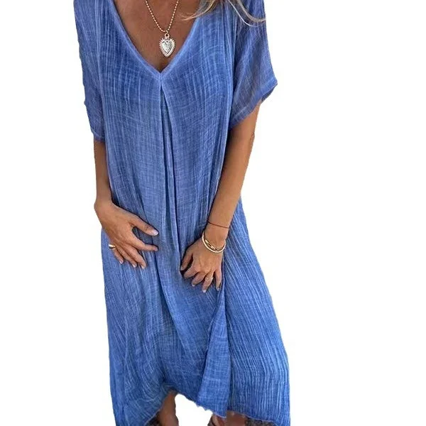 Nigikala Nigikala New Leisure Spring And Summer Loose Skirt Short-Sleeved V-Neck Solid Cotton Dress