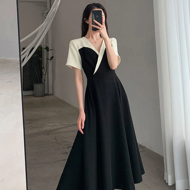 Jangj White Patchwork V-neck Asymmetrical Short Sleeve Fashion Casual A-LINE Dress Summer Elegant Empire Women's Clothing 2022