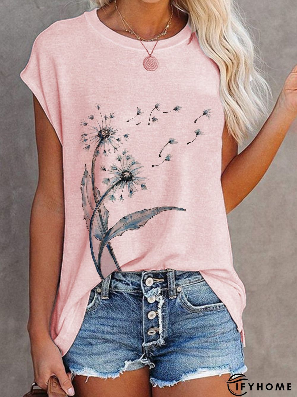Casual Dandelion Short Sleeve Round Neck Printed Top Tunic T-Shirt | IFYHOME