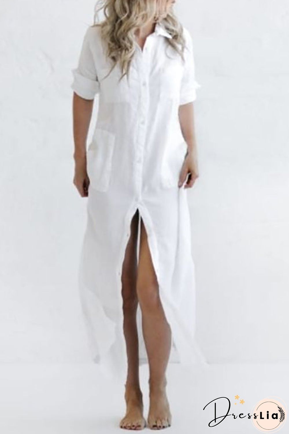 Linen Button Pockets Shirt Maxi Dress