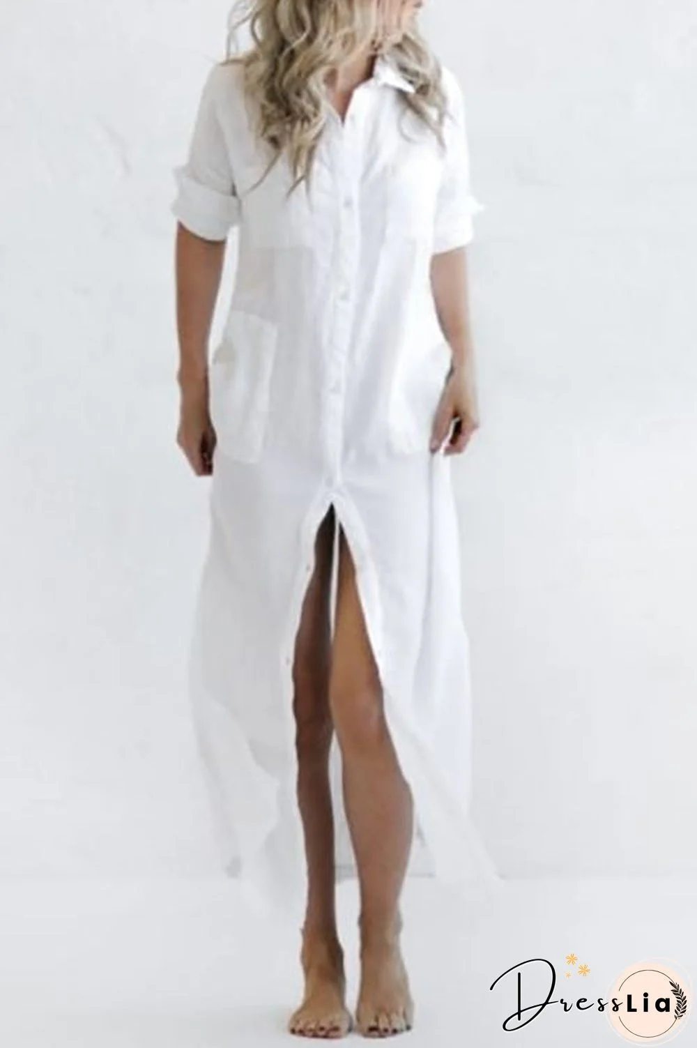 Linen Button Pockets Shirt Maxi Dress