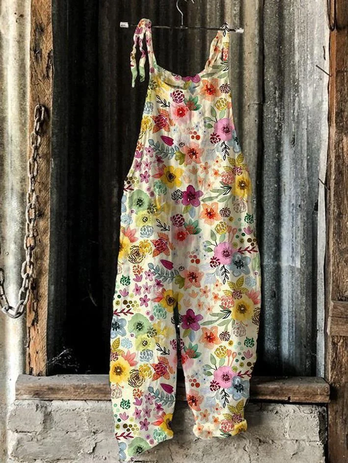 Brownm Summer Slub Linen Vintage Print Wide Dresses