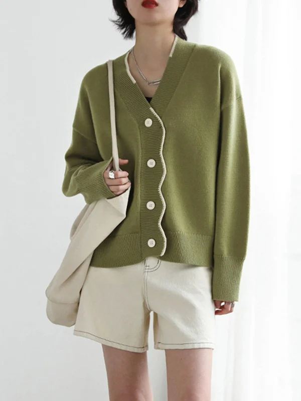 Casual Loose Long Sleeves Buttoned Contrast Color V-Neck Cardigan Tops