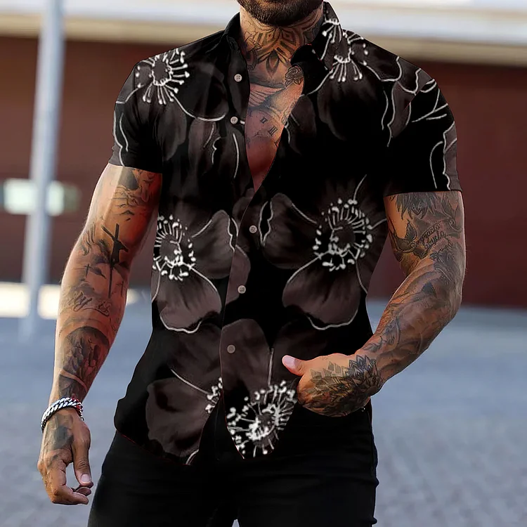 BrosWear Fashion Black And Gray Flower Print Short Sleeve Shirt