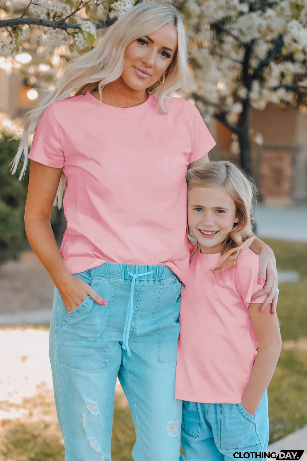 Pink Plain Crew Neck Short Sleeve Tee