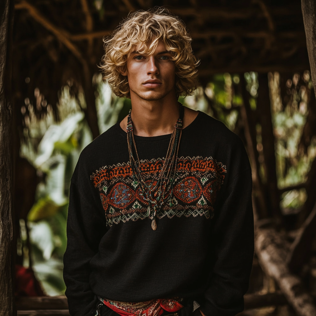 Men's Bohemian Holiday Style Vintage Linen Printed Casual Long Sleeve Top-inspireuse