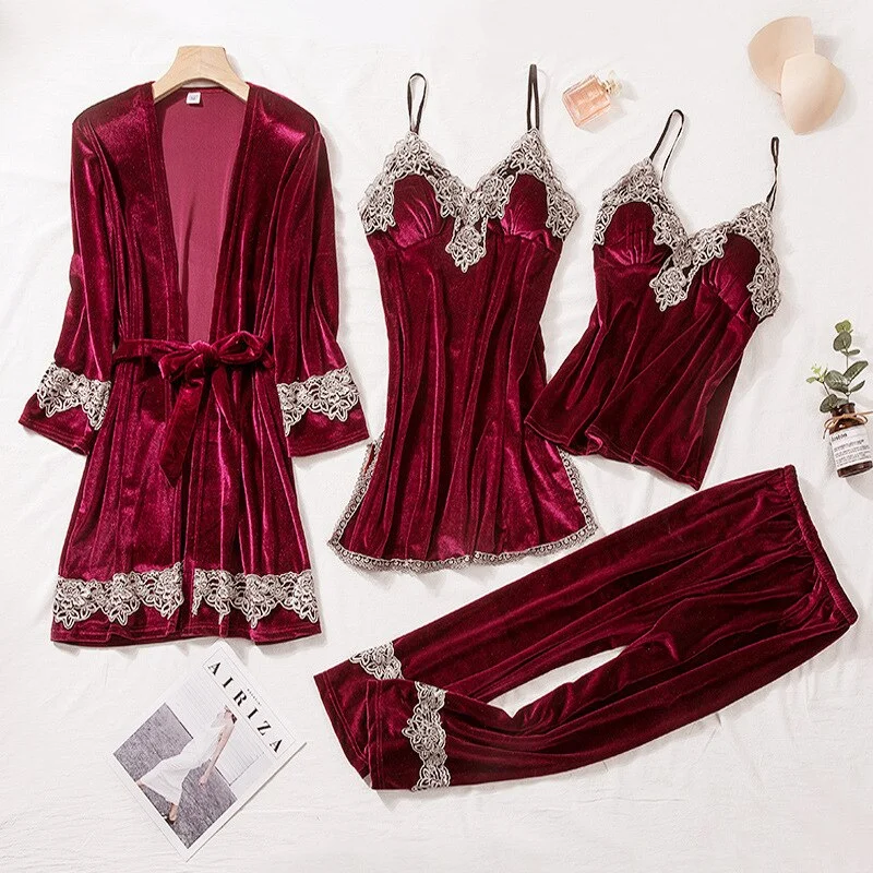 Velvet Women Sleepwear Pajamas Four-Piece Set  Lace Trim Bathrobe Trouser Suits Autumn Winter Velour Home Clothes Loungewear