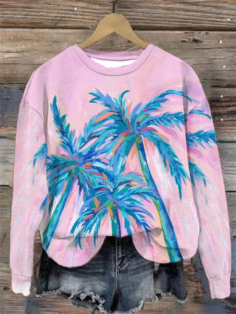 Women's Palm Tree Print Casual Crew Neck Sweatshirt  artssus