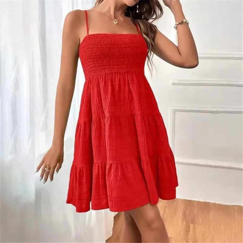 Women's Bohemian Beach Style Sleeveless Backless Big Swing Solid Spaghetti Strap Ruffles Dress 