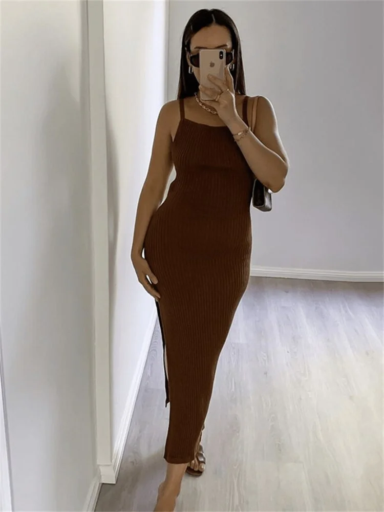 Ribbed Knitted  Backless Split Long Maxi Dress 2023 Women Summer Sleeveless Strap Bodycon Dresses. Female Vestidos