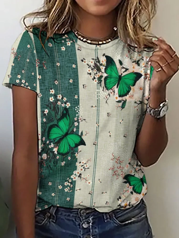 Printed Short Sleeve Casual T-shirt for  Women and Men Unisex Pattern Floral,Pink,Green,Stitch