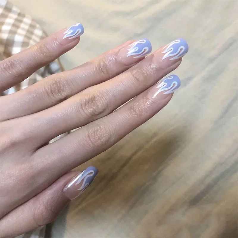 24pcs Long Pointy Head Wearable Manicure fake nails with glue Fashionable Natural Blue Sky White Cloud Water Drop Beautiful nail-Nail Inspo