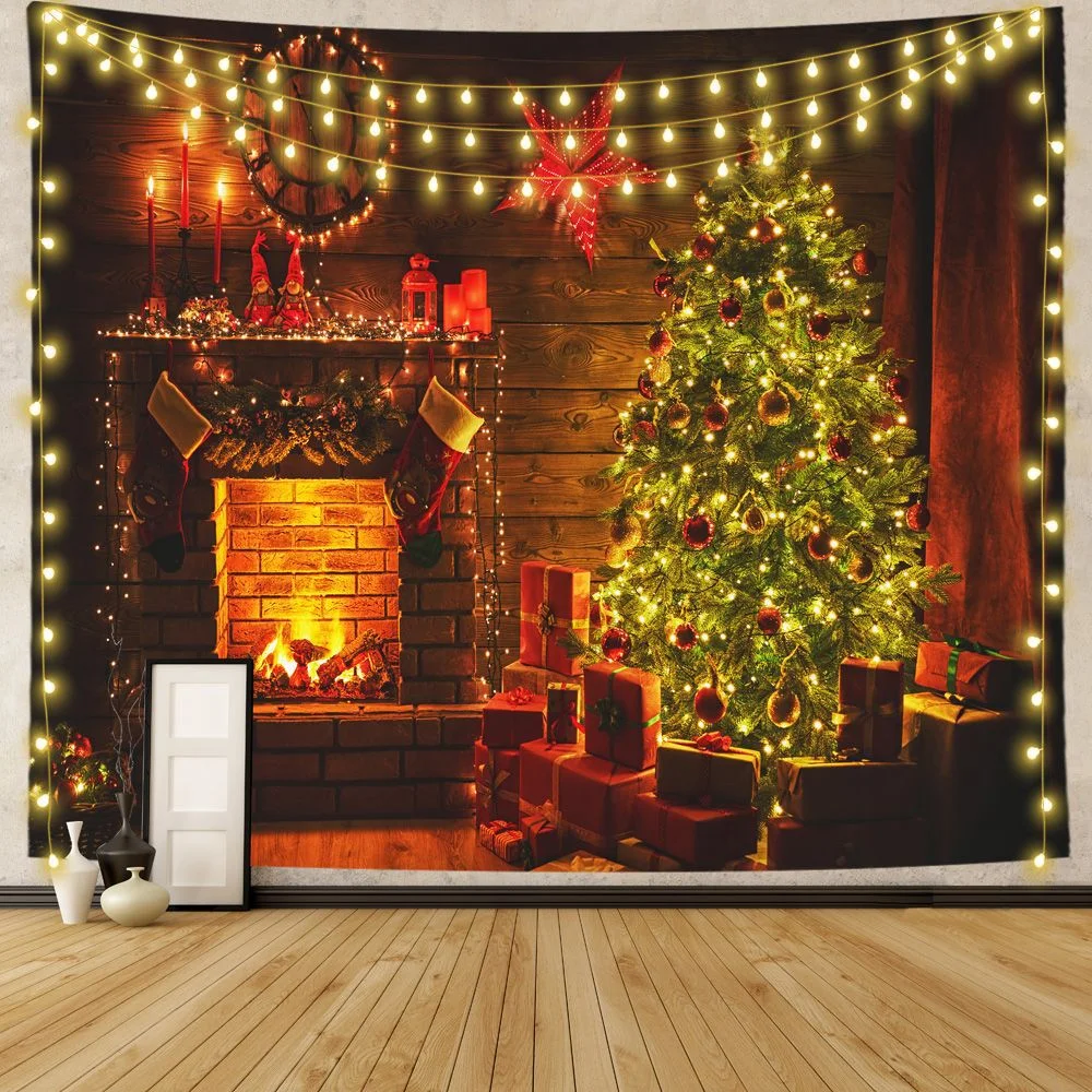 Athvotar Happy New Year Tapestry Christmas Fireplace Wall Hanging Cloth Home Background Bedroom Bedside Decorative Xmas Tree Tapiz