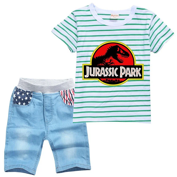 Girls Jurassic Park Print Boys Striped T Shirts And Denim Shorts Suit-Mayoulove