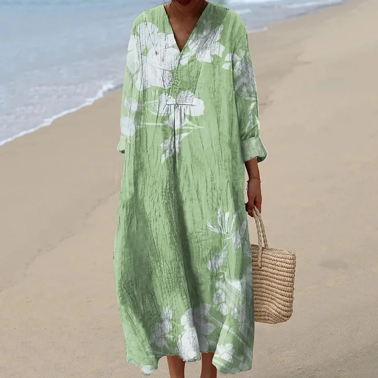 VChics Vintage Floral Art Cotton Linen Comfy Maxi Dress