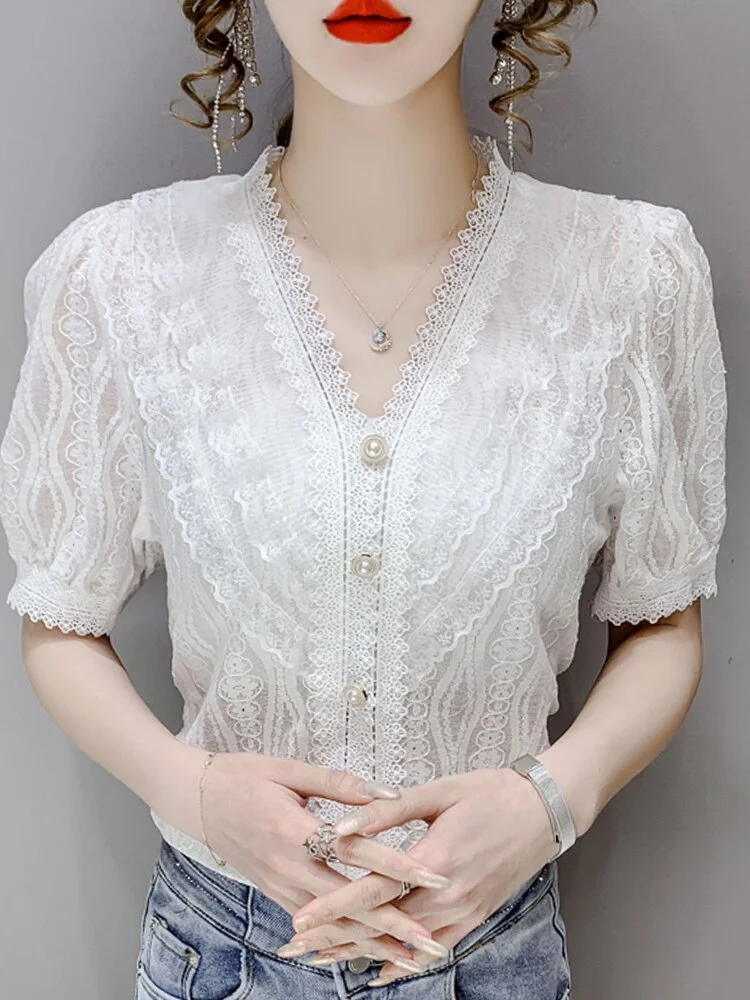 Summer Short Sleeve Blouse Women Ruffles V-Neck Lace Blouse Shirt Tops Women Blusas Mujer De Moda 2023 Blouses Femme Shire F43dts
