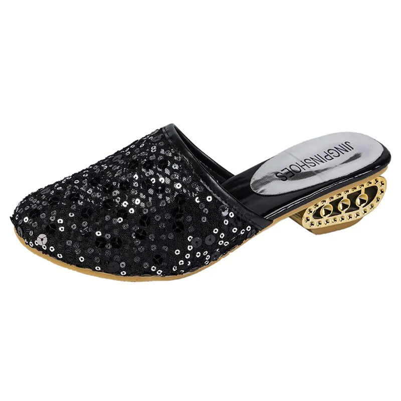 Qengg 2022 new spring and summer slippers women fashion shiny sequins hollow mesh sandals low-heeled non-open toe outer wear slippers