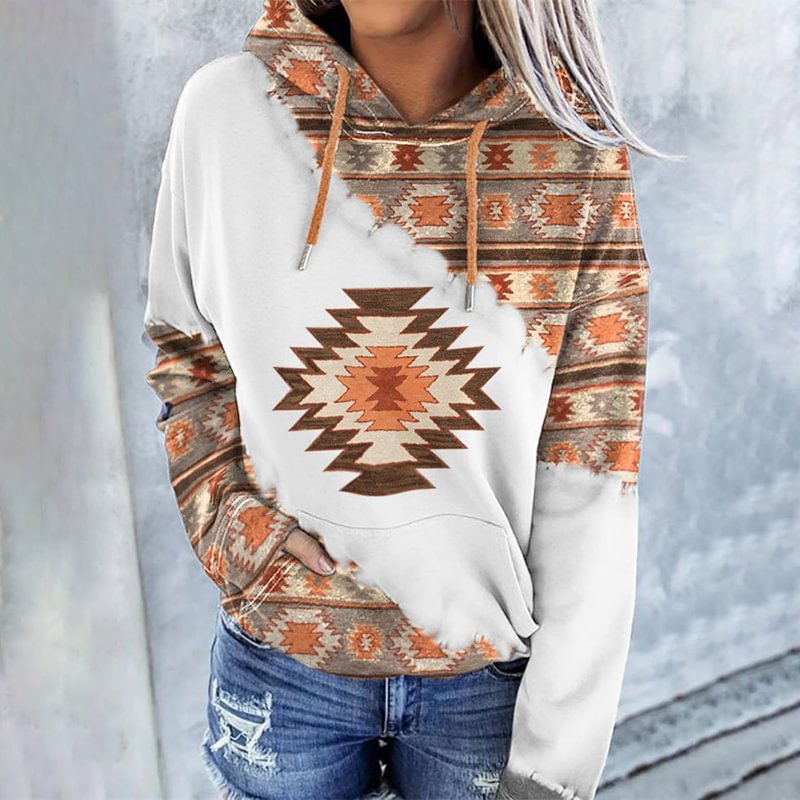Western Print Casual Long Sleeve Hoodie