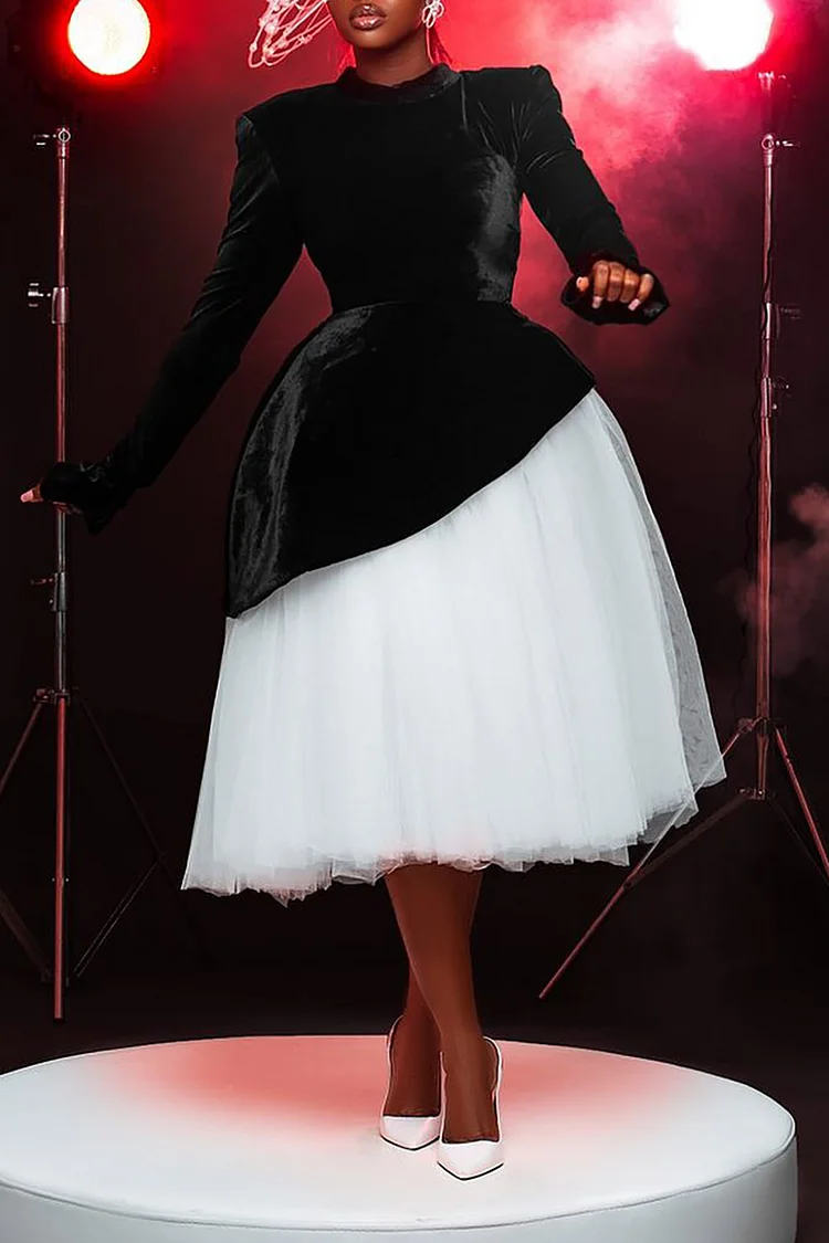 Plus Size Formal Midi Dresses Elegant Black Fall Winter Mock Neck Long Sleeve Contrast Velvet Midi Dresses [Pre-Order]