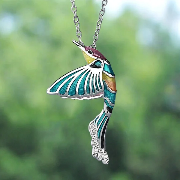 Multicolored Gemstone Inlaid Hummingbird Pendant Necklace