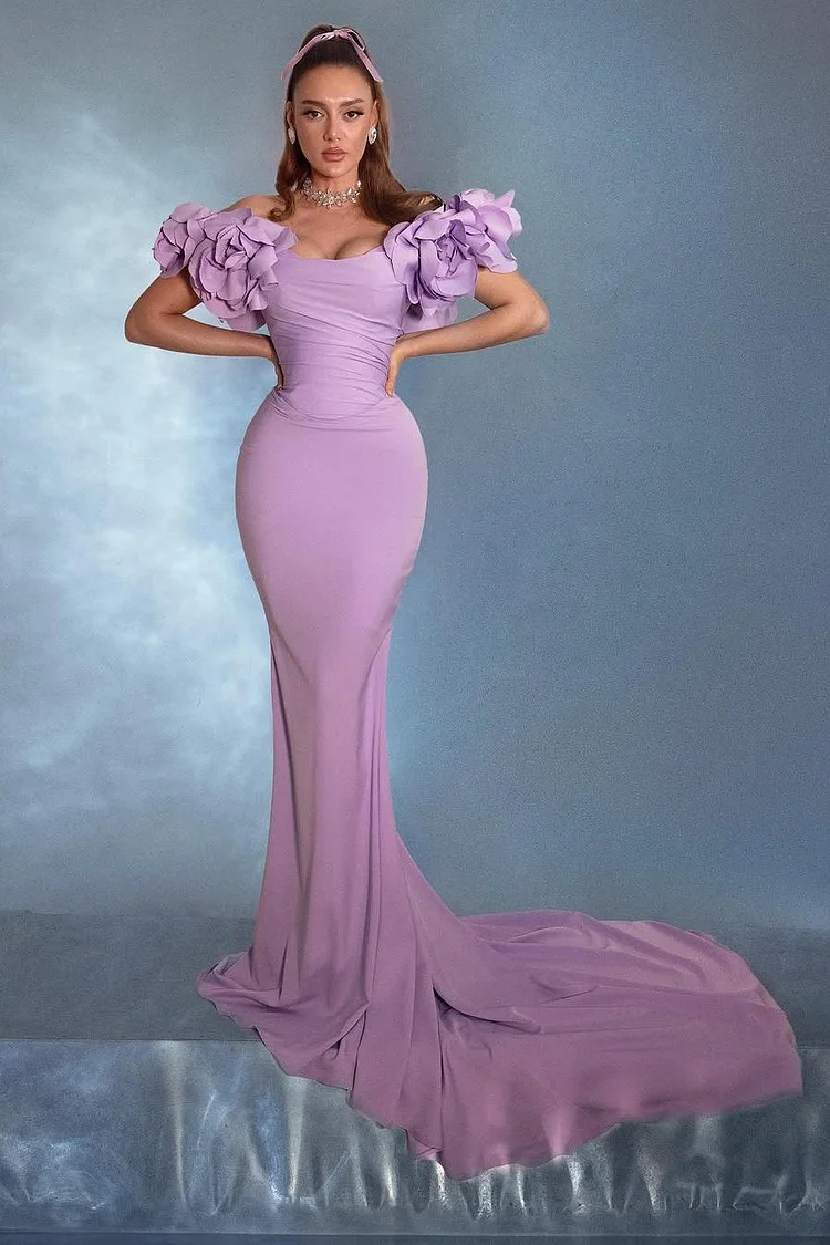 Hellodresses Off the Shoulder Sleeveless Long Mermaid Prom Dress With Pleated 