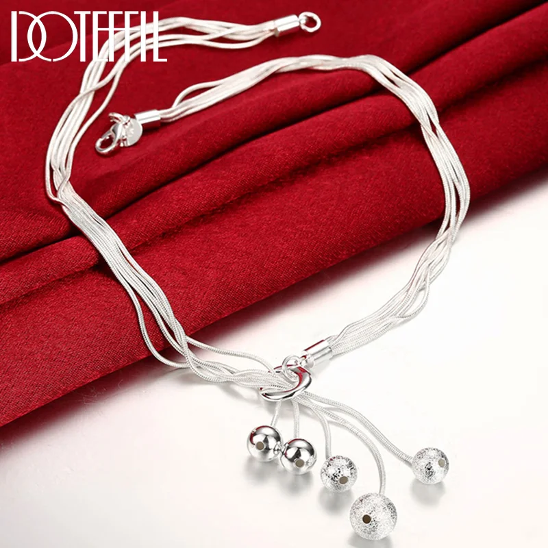 DOTEFFIL 925 Sterling Silver Round Frosted Smooth Beads Pendant Necklace Snake Chain For Women Jewelry 