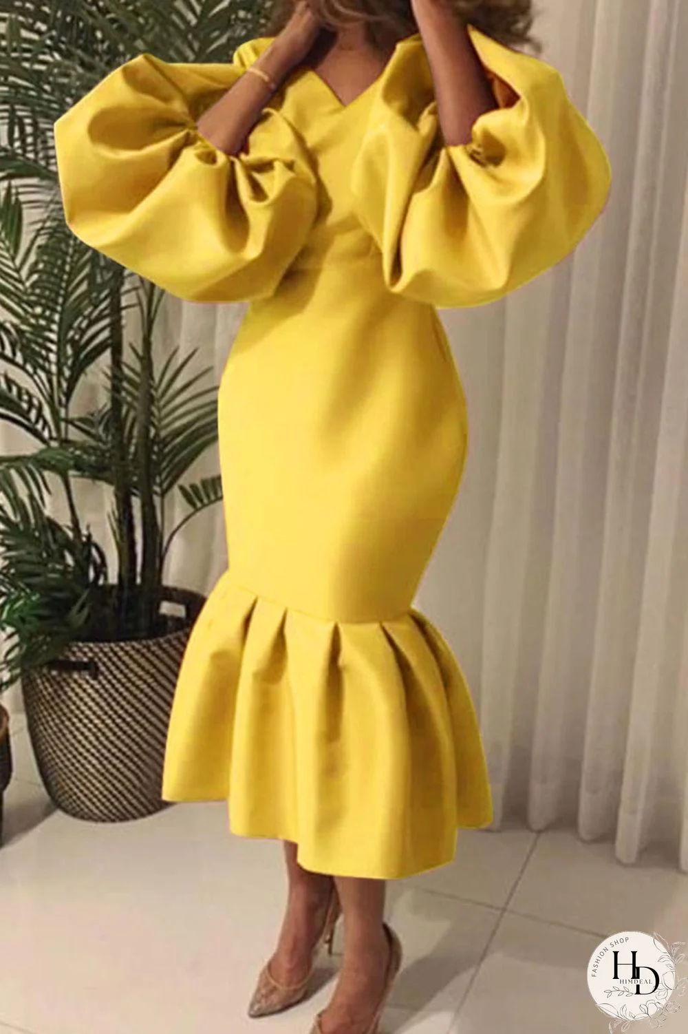 Yellow Fashion Sexy Solid Basic V Neck Evening Dress
