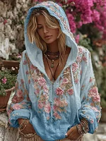 Classic Bohemian Style Pink Rose Vintage V-neck Hoodie - Image 4
