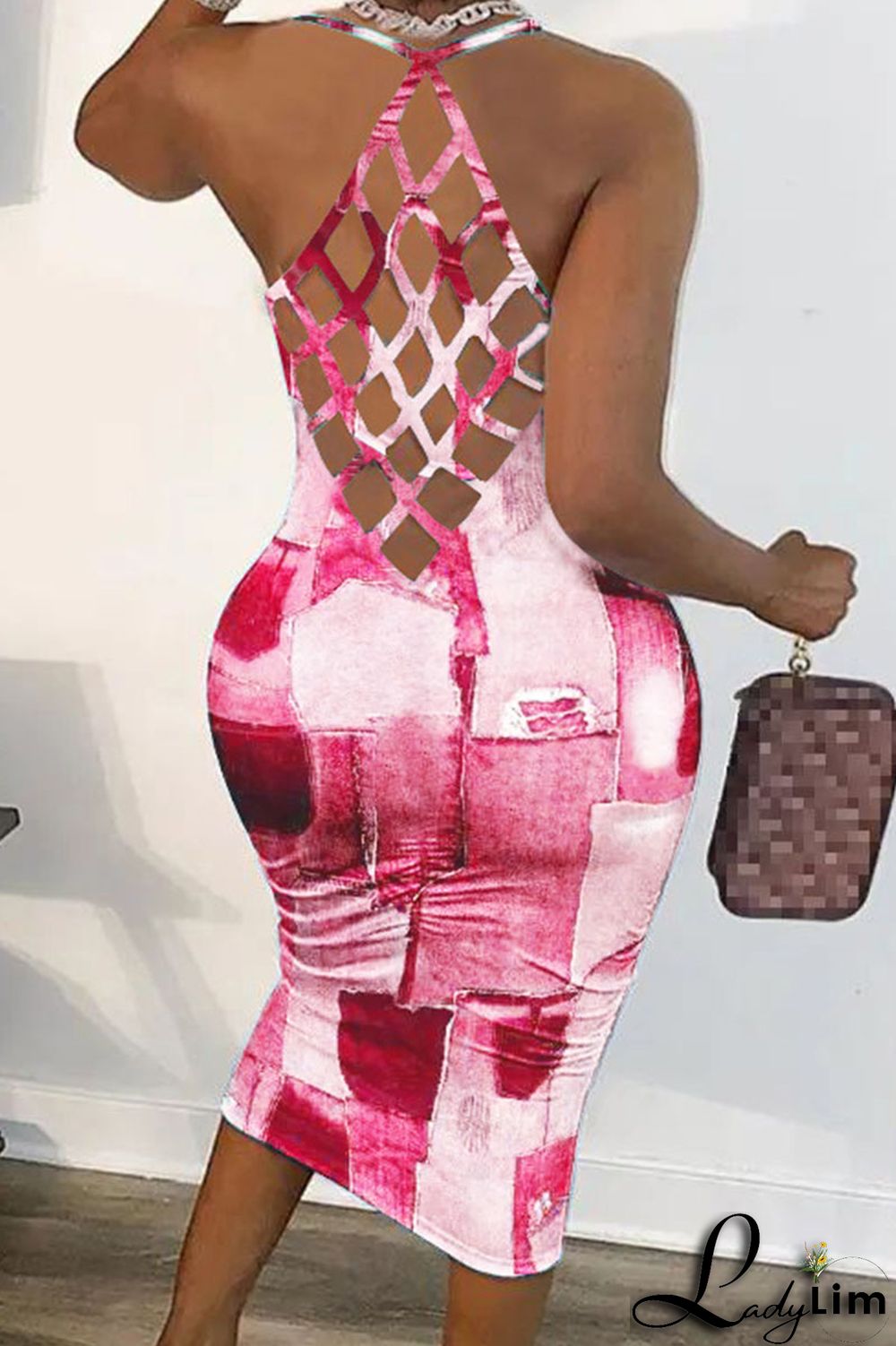 Dark Blue Sexy Print Patchwork Backless Spaghetti Strap Pencil Skirt Dresses