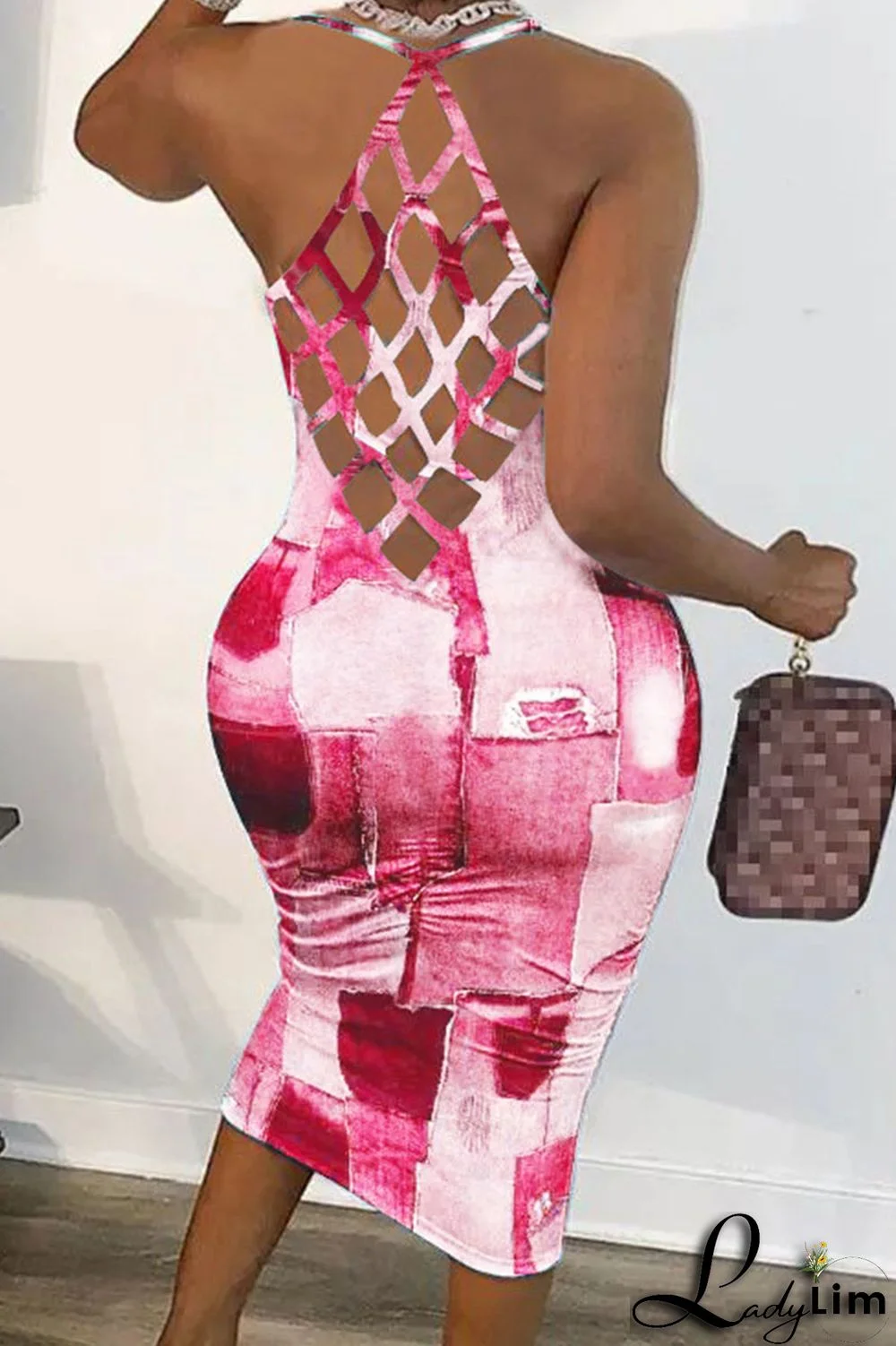 Dark Blue Sexy Print Patchwork Backless Spaghetti Strap Pencil Skirt Dresses