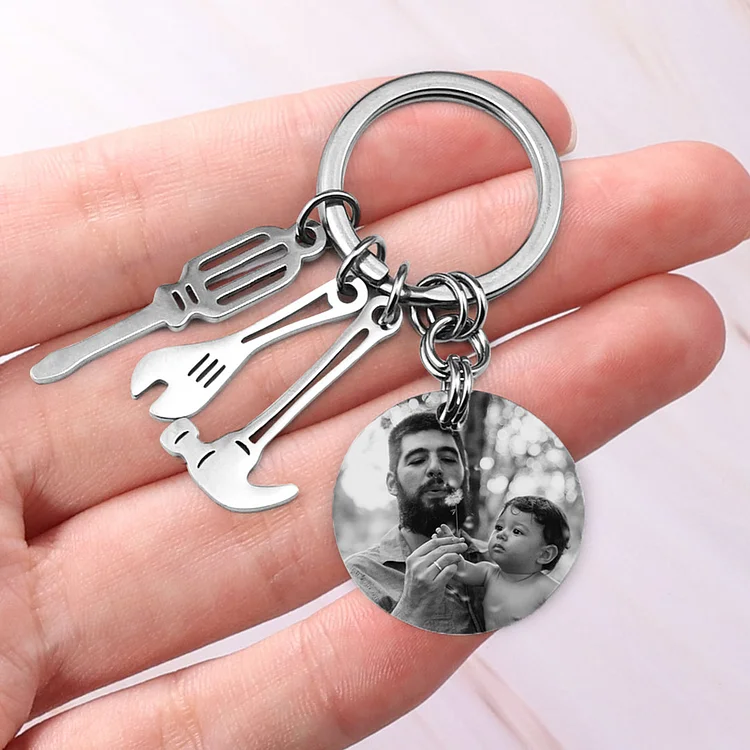 Personalized Photo Keychain with Hammer Screwdriver Wrench Tools-Custom Keychain with Picture-Special Gift For Dad/Grandpa-Father's Day Gift