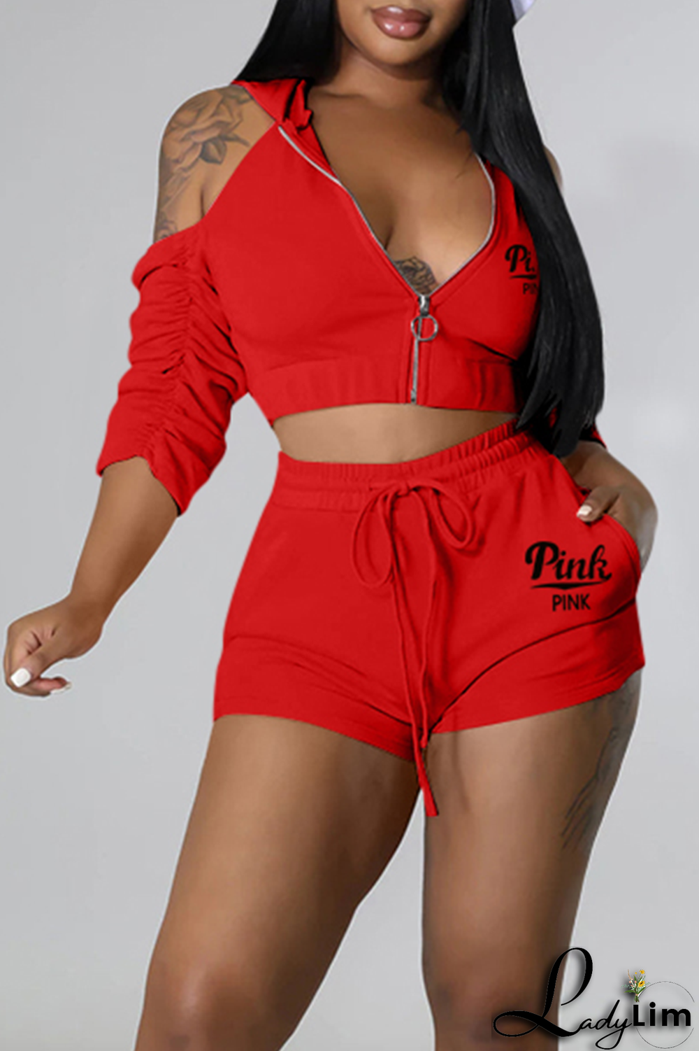 Black Sexy Print Patchwork Hooded Collar Three Quarter Two Pieces