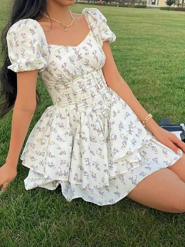 Brownm Floral Print Corset Slim Mini Dress with Puff Sleeves