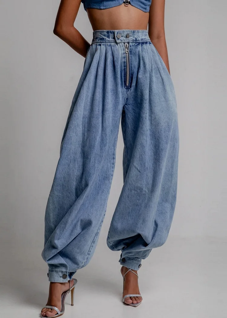 Blue Zippered Pockets High Waist Denim Wide Leg Pants Button