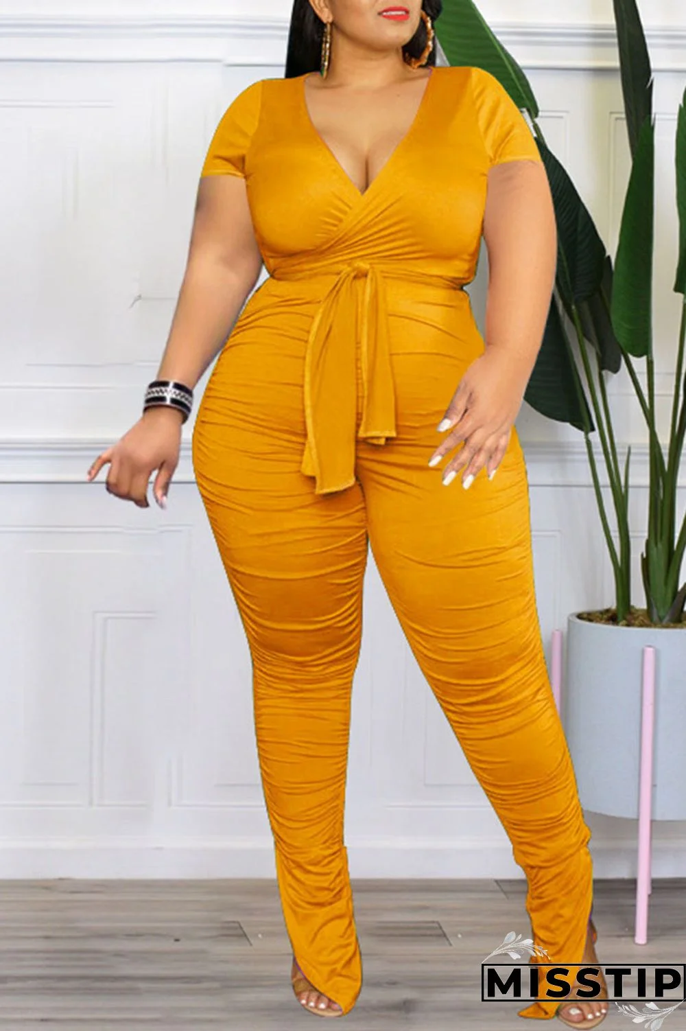 Colorful Blue Casual Solid Bandage Patchwork Fold V Neck Plus Size Two Pieces